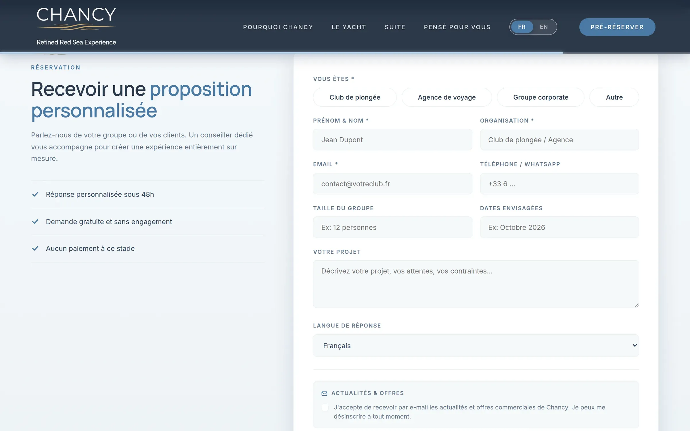 Formulaire « Recevoir une proposition personnalisée » du site Chancy Diving : type de demandeur, coordonnées, taille du groupe, dates envisagées et description du projet