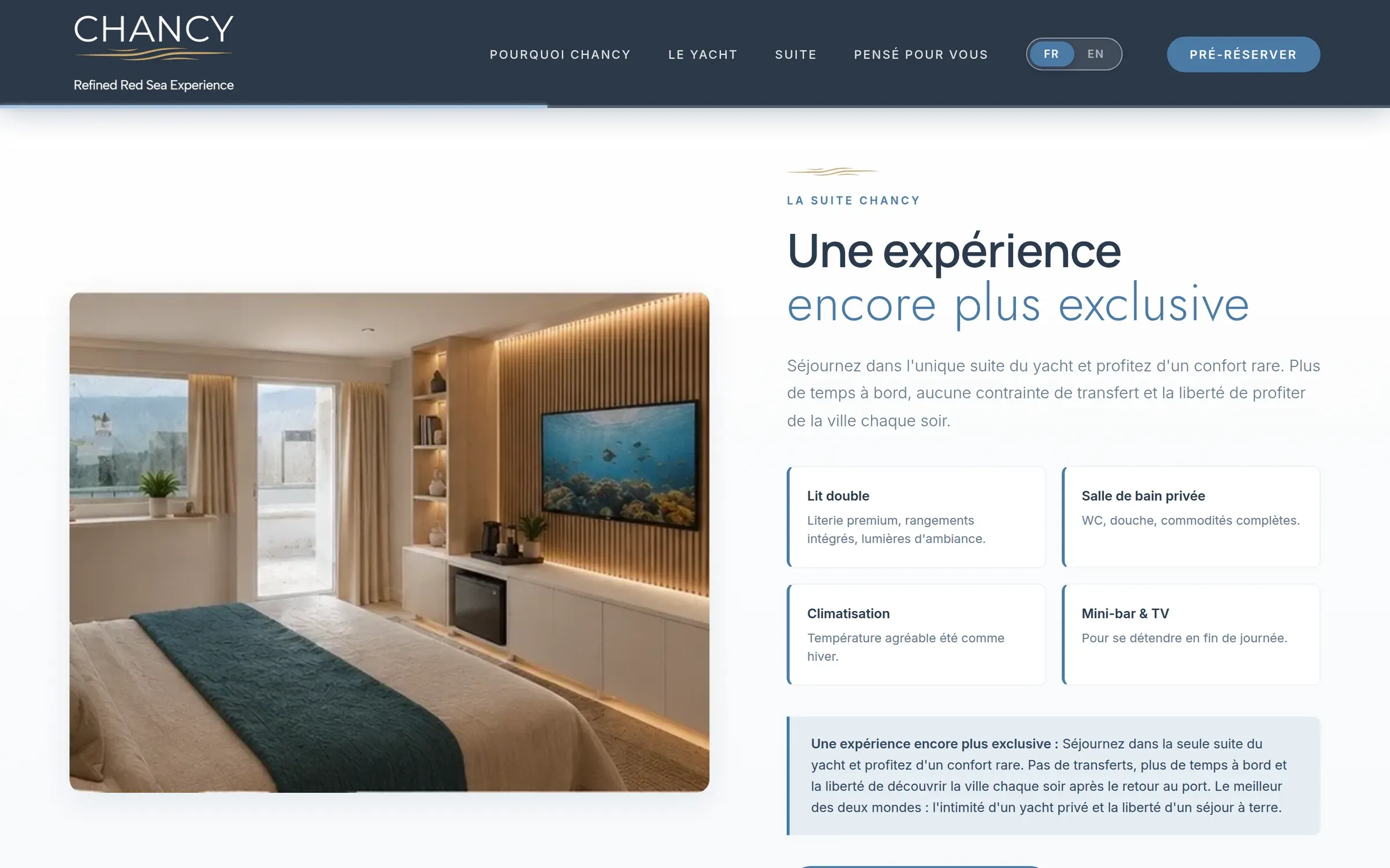 Section « La suite Chancy » du site : photo de la cabine, titre « Une expérience encore plus exclusive » et quatre cartes d'équipements