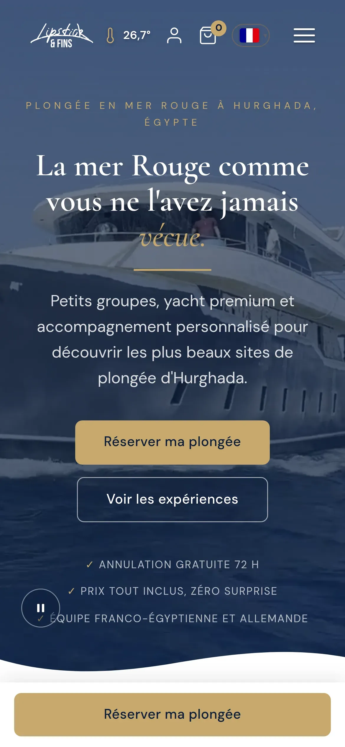 Le même accueil de Lipstick & Fins sur téléphone, avec le bouton « Réserver ma plongée » fixé en bas de l'écran