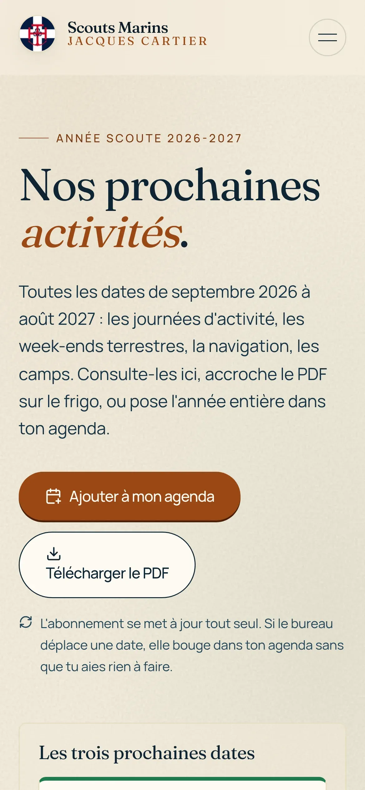 Page calendrier des Scouts Marins sur téléphone